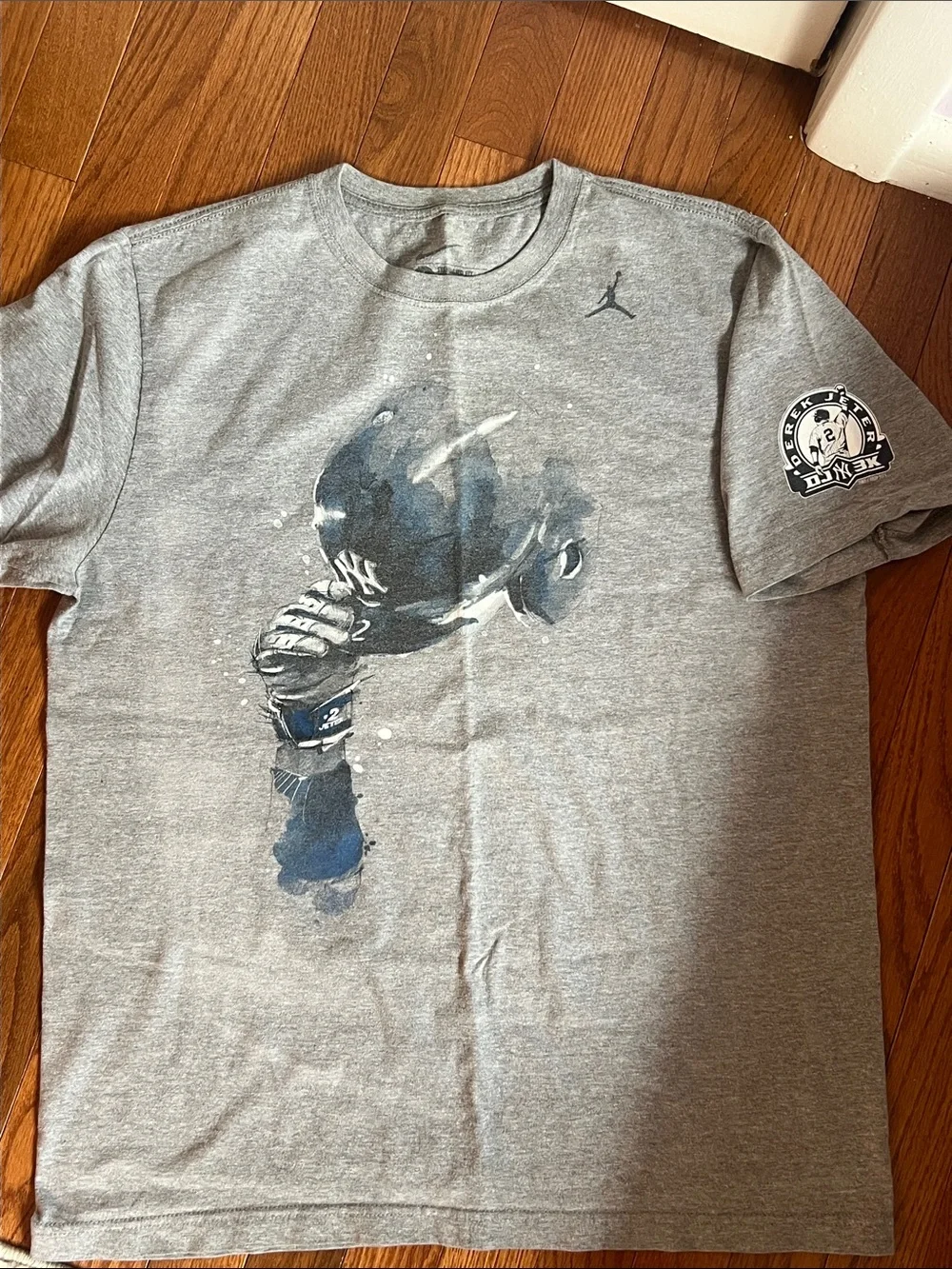 Jordan Men's Grey Derek Jeter Gray Short Sleeve T-Shirt with Blue Accent